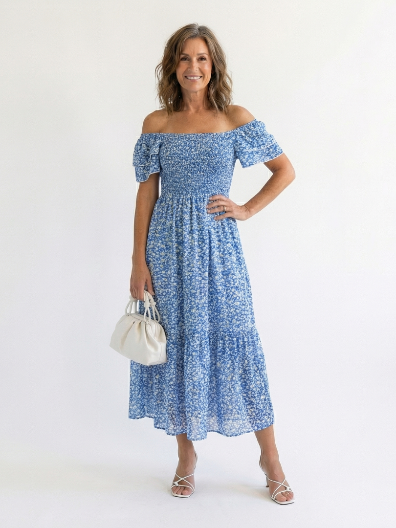VOREALO | Vestido Floral Hombros Descubiertos < Celeste >